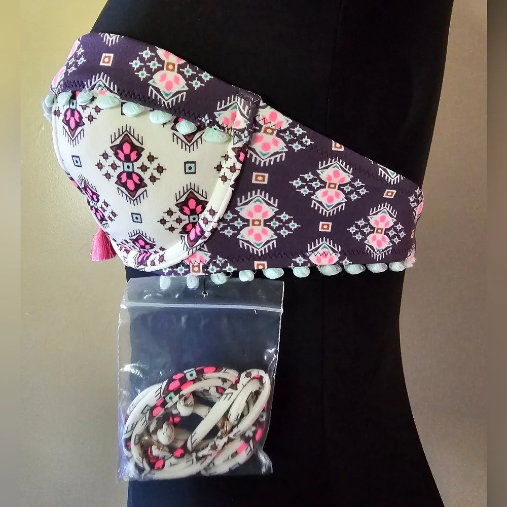 Victoria's Secret Bandeau Tassel Purple Print Bikini Swim Top Bra Size 32C NWOT - Picture 2 of 12